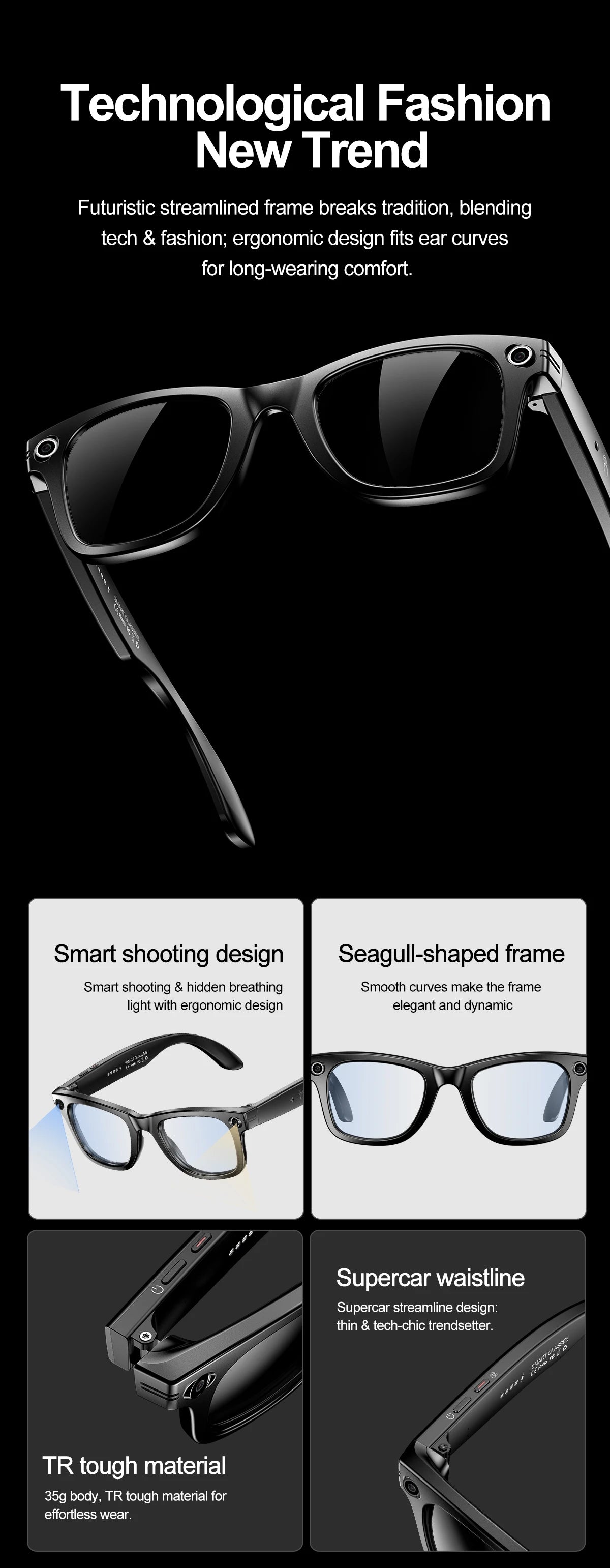 Xiaomi AI Smart Glasses Recording Videos Photo Recognition Answer Translation Large Battery Ip65 Waterproof Bluetooth Glasses