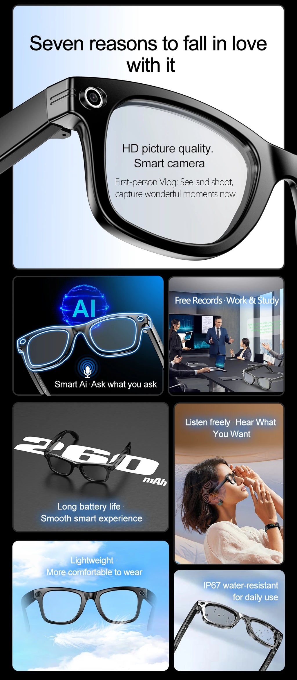 Xiaomi AI Smart Glasses Recording Videos Photo Recognition Answer Translation Large Battery Ip65 Waterproof Bluetooth Glasses