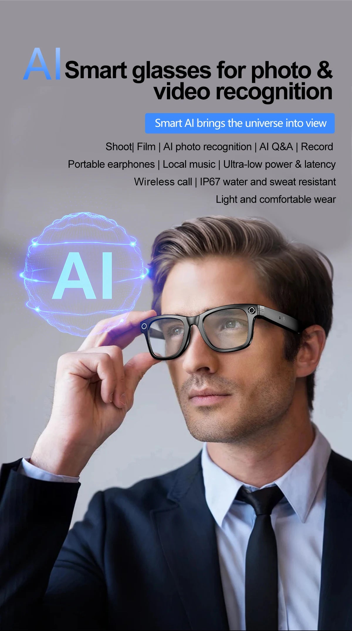 Xiaomi AI Smart Glasses Recording Videos Photo Recognition Answer Translation Large Battery Ip65 Waterproof Bluetooth Glasses