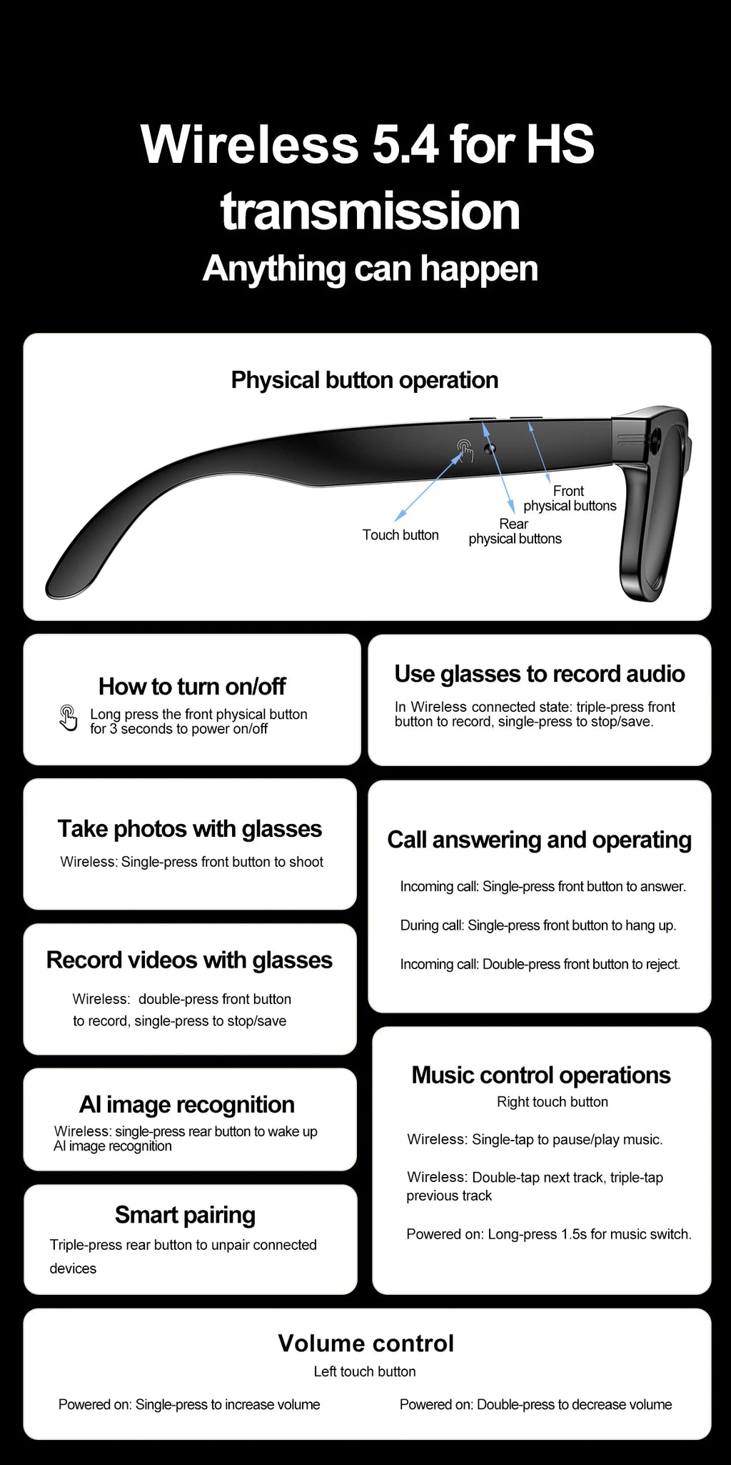 Xiaomi AI Smart Glasses Recording Videos Photo Recognition Answer Translation Large Battery Ip65 Waterproof Bluetooth Glasses